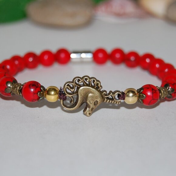 Unicorn Bracelet,Red Howlite Bracelet,Unicorn Red Bracelet - Picture 1 of 2